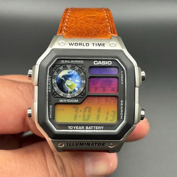 Casio AE1200WH Custom Sunset Filter Globe Leather Strap World Time - Picture 7 of 17